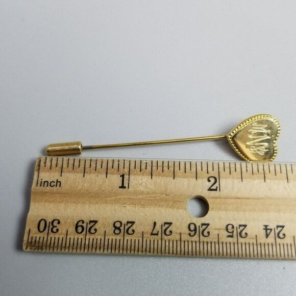 Vintage Heart Stick Pin Engraved Monogram M.N.V. Gold Tone Brooch, Estate - Picture 5 of 6